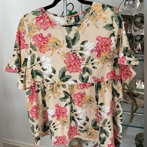 SHEIN Floral Print Ruffle Blouse in Pink and Cream